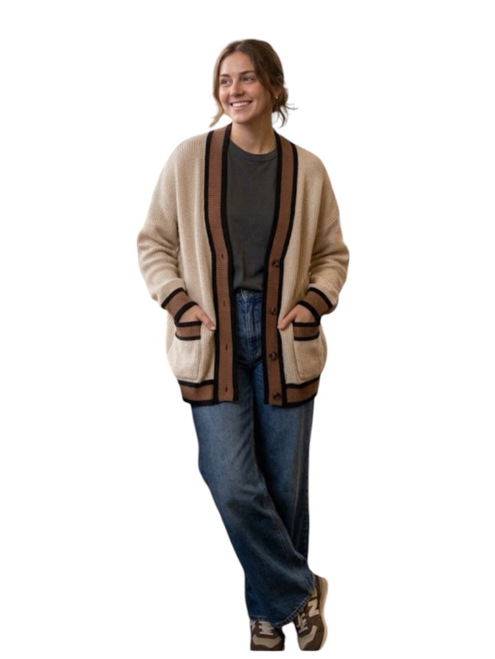Acoa Cream and Brown Oversized Varsity Sweater Size Small